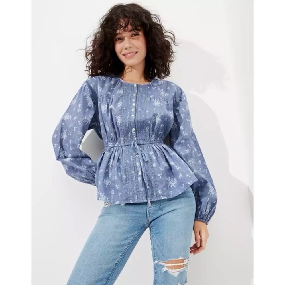 American Eagle Outfitters Blue Long Sleeve Peplum Blouse